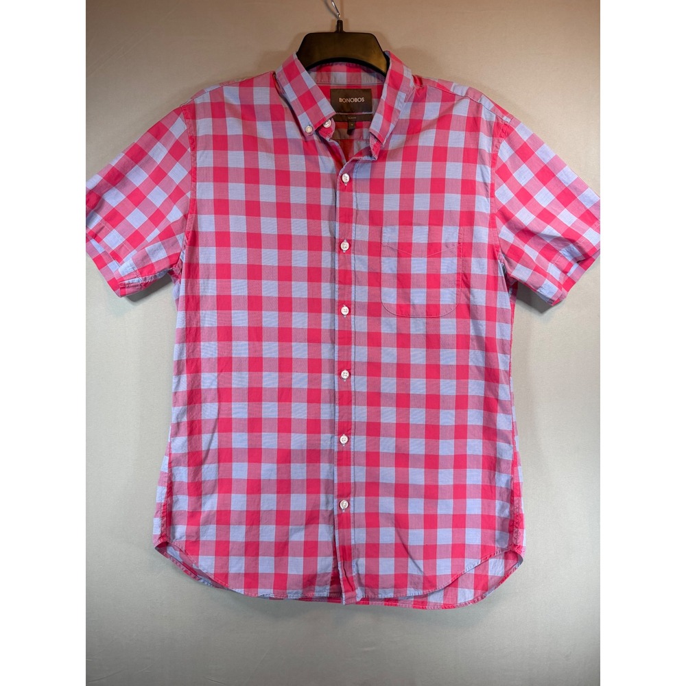 Bonobos Mens Slim Fit Short Sleeve Button Down Shirt Pink Blue Gingham Check M